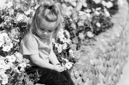 可爱的小宝贝男孩玩在花坛与盛开的花朵