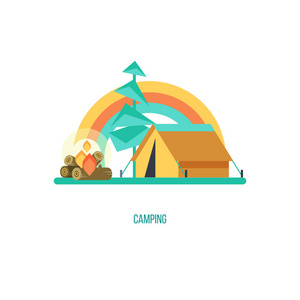 露营。矢量插图。夏季假期在帐篷在 n
