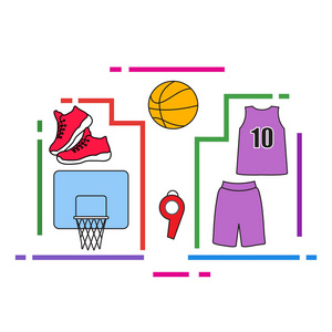 运动制服和篮球设备。篮球篮, 衬衫, 短裤, 运动鞋, 哨子, 球