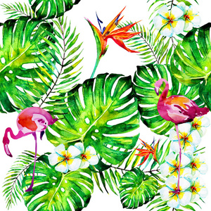 美丽的热带棕榈叶和火烈鸟, 水彩插图