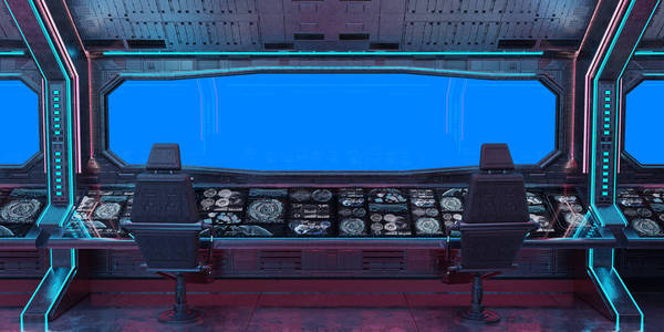 垃圾飞船内部与蓝色背景3d 渲染
