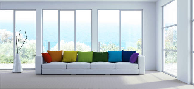 室内设计现代明亮的房间与白色沙发和彩虹枕头