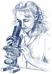 女人用显微镜