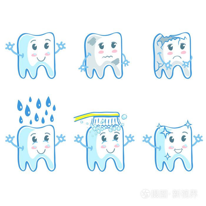 可爱的卡通风格的牙齿具有六个插图一套插画-正版商用