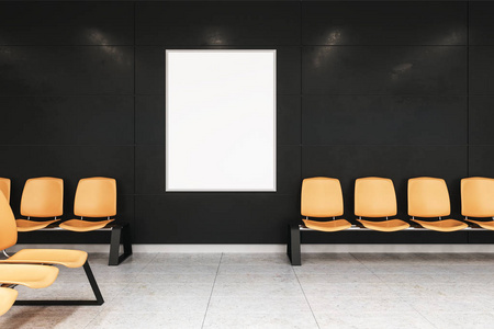 在现代候诊大厅的黑色墙壁上的样板白色海报与橙色对齐椅。3d 渲染
