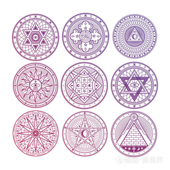 明亮的奥秘, 巫术, 神秘, 炼金术, 神秘深奥的符号, 在白色背景下隔离