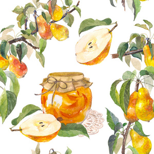 水彩果梨分枝和果酱在白色背景下分离的无缝图案。手绘画。为您的设计, 布料, 包装