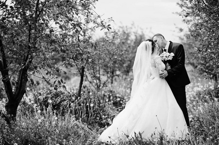 美妙的新婚夫妇有他们的时间在户外在花园中的一个特殊的日子。黑白照片