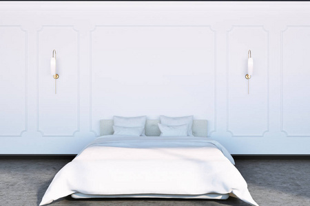 豪华卧室内有白色的墙壁, 一层混凝土地板和一张带有灰色枕头的主床。3d 渲染模拟
