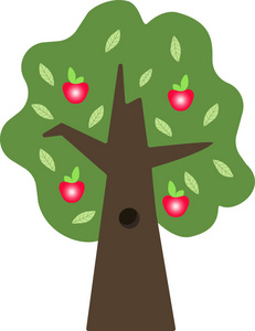 一棵绿色的树, 有苹果和空心的。矢量插图