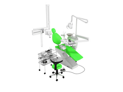 现代绿色牙科椅和床头桌用工具和用具为牙科治疗3d 渲染白色背景无阴影