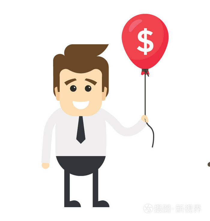 成功的商人卡通人物与气球冲压与美元符号手上显示商业投资者的概念