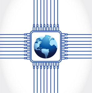 电子芯片和地球仪矢量图。在白色背景上隔离