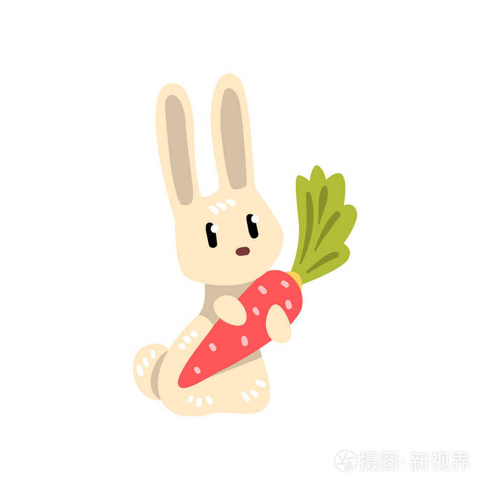 白色小兔子捧着大胡萝卜, 可爱的兔子卡通人物矢量插图白色背景