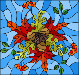 插图在彩色玻璃的样式与秋天构成, 明亮的叶子和果子在蓝色背景, 长方形图片