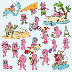在赤壁风格的一组滑稽的粉红色的人在不同的情况和不同的对象, 姿势和情绪, 涂鸦的矢量插图