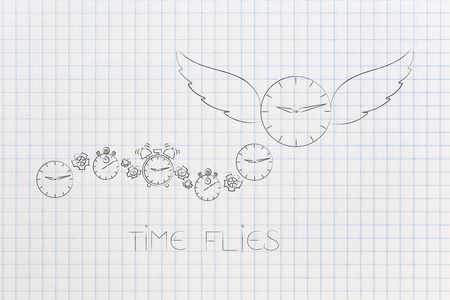 时间飞行概念例证 小组不同的时钟和一个更大一个乘飞行