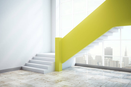 现代混凝土室内带黄色 stairscase, 全景城市景观和复制空间。模拟, 3d 渲染