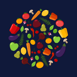 水果和蔬菜的向量圈在黑暗的背景。现代平面插图。健康食品设计