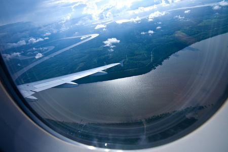 河流和森林土地从一架飞机的窗口看到的视图