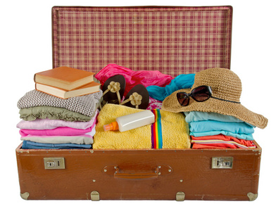旧复古手提箱挤满了衣服