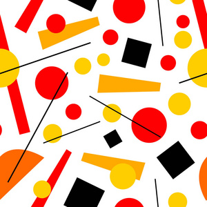 无缝的至上主义模式。红色, 黑色, 黄色, 橙色方块, 圆圈, 条纹。线, 梯形