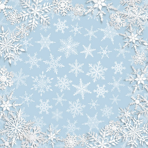 蓝色背景下有阴影的大白雪花圆形框架圣诞插图