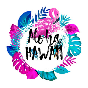 夏威夷 gteeting 旗帜。手绘画笔背景的热带棕榈叶和粉红色火烈鸟