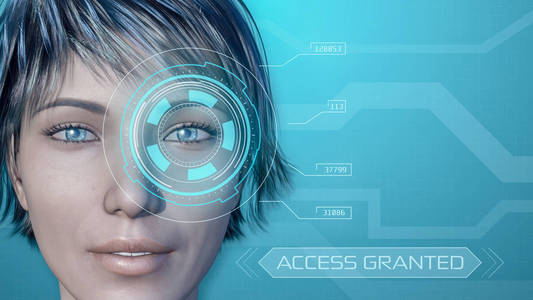 一个女孩脸的三维模型与一个未来的软件接口