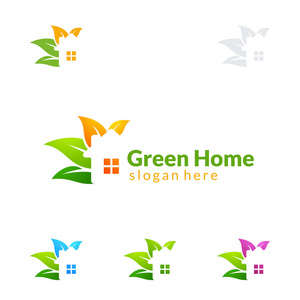 绿色家居标志, 房地产矢量标志设计与房子和生态的形状, 孤立的白色背景