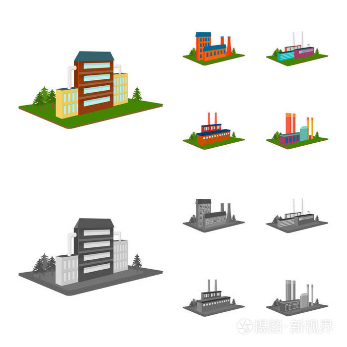 加工厂, 冶金厂.工厂和行业集合图标在卡通, 单色风格