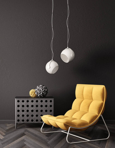 带黄色扶手椅和台灯的现代起居室
