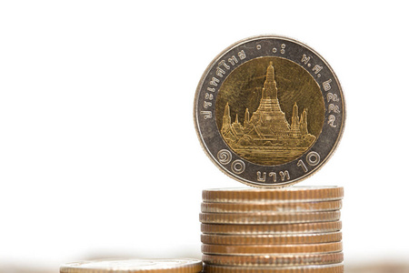 背景商业概念泰国硬币栈, 铜泰国硬币