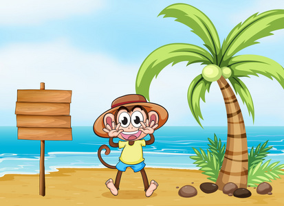 一只猴子在海滩和空板