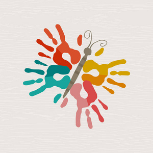 蝴蝶的颜色手印, 人手印刷插图概念为孩子教育, 学校学习或创造性。Eps10 矢量