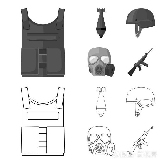 插画 防弹背心, 地雷, 头盔, 防毒面具.