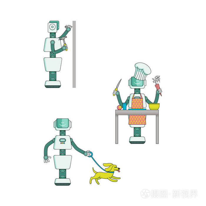 机器人家庭助理做家务套装插画-正版商用图片05wcu5-摄图新视界