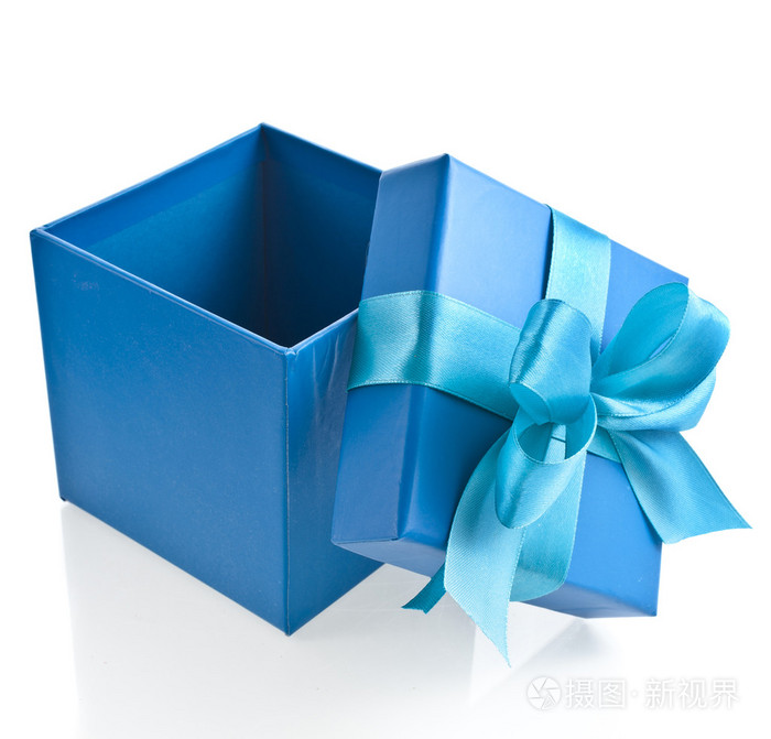 礼品包装礼品盒用蓝色缎面弓上白色隔离