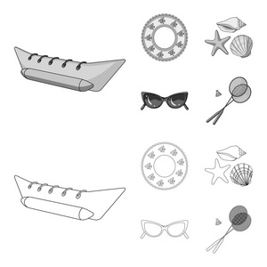 水的吸引力, 海贝壳, 护目镜。暑假集合图标的轮廓, 单色风格矢量符号股票插画网站