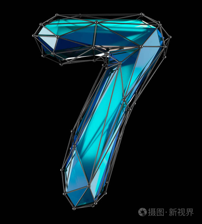 数字7七在低保利样式蓝色被隔绝在黑色背景.三维