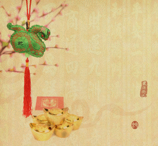传统的中国结，在旧纸张背景下，中国新的一年 中国的生肖