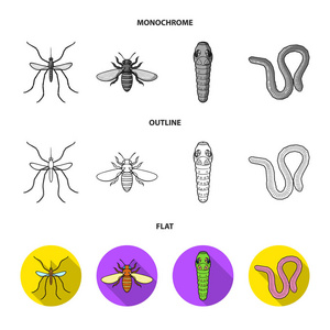 蠕虫, 蜈蚣, 黄蜂, 蜂, 大黄蜂。昆虫集合图标在平面, 轮廓, 单色风格矢量符号股票插画网站