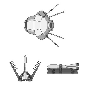 空间技术单色图标集集合中的设计。航天器和设备矢量符号库存图