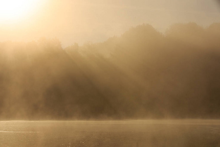 有雾的日落在河畔与最后的阳光