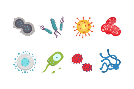 设置彩色病毒矢量插图。卡通风格中的细菌与微生物