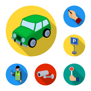 汽车停车场平面图标集合中的设计。设备和服务矢量符号库存 web 插图