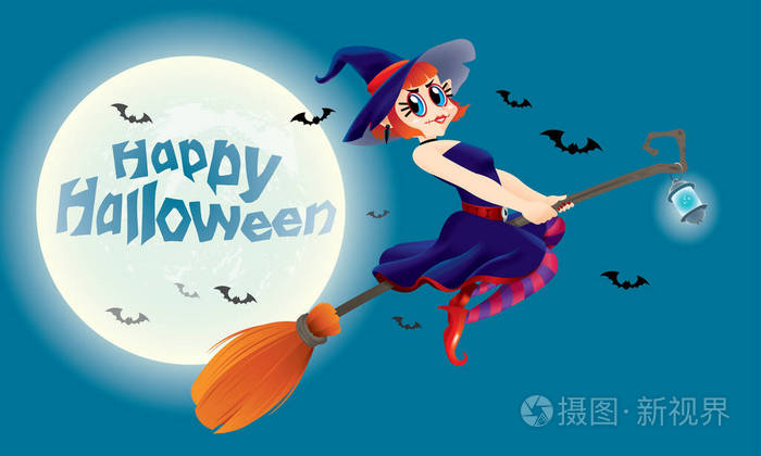 一个可爱的女巫用她的魔法扫帚飞翔.满月夜景