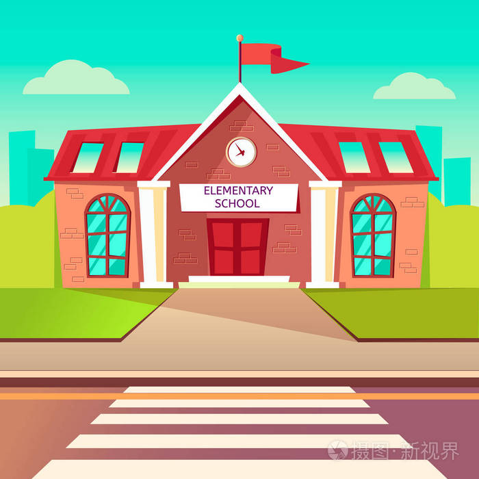 小学平 buildung.回到学校卡通背景.在校舍前人行横道