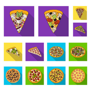 不同的比萨饼平面图标集合中的设计。比萨食物矢量符号股票网页插图