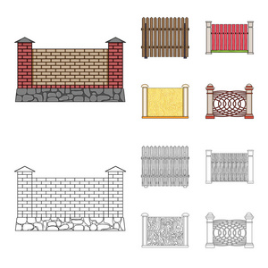 一块金属和砖块的栅栏, 木栅栏。不同的围栏集合图标在卡通, 轮廓风格矢量符号股票插画网站